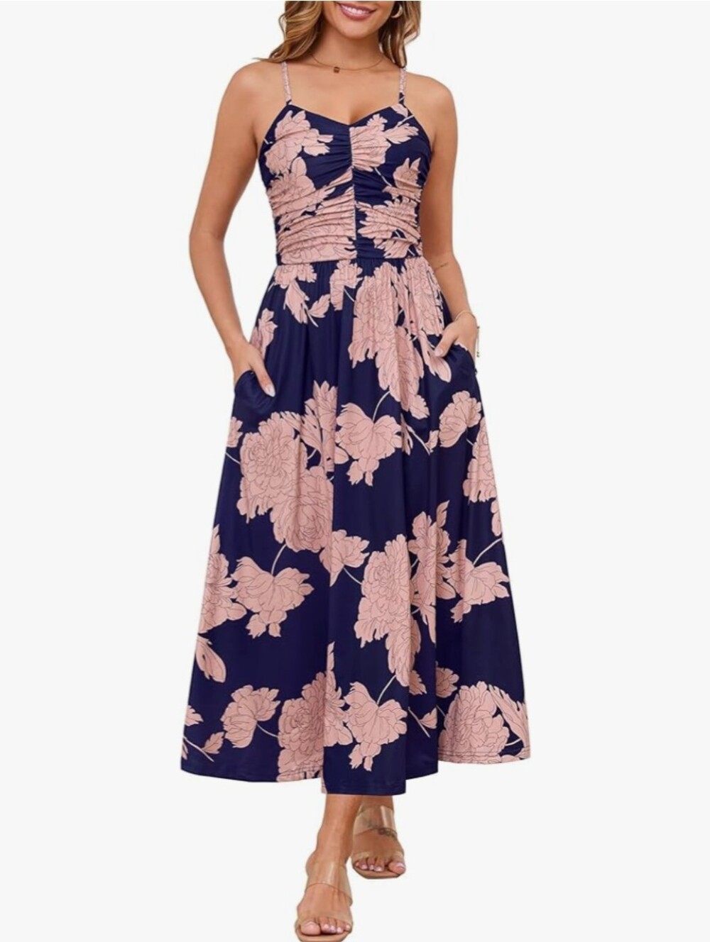 Women 2026 Summer Spring Ruched Maxi Dress Adjustable Spaghetti Strap